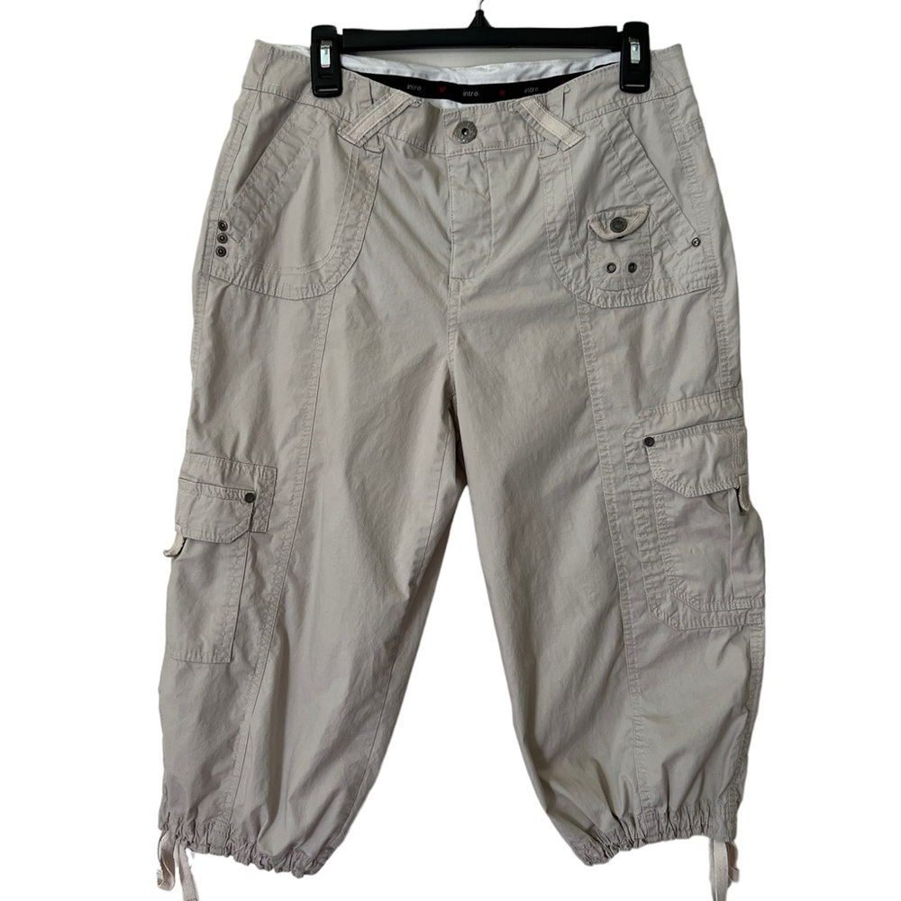 WOMENS TAN CROPPED CARGO PANTS SIZE 10 SNAP POCKETS LEG BOTTOM TIES